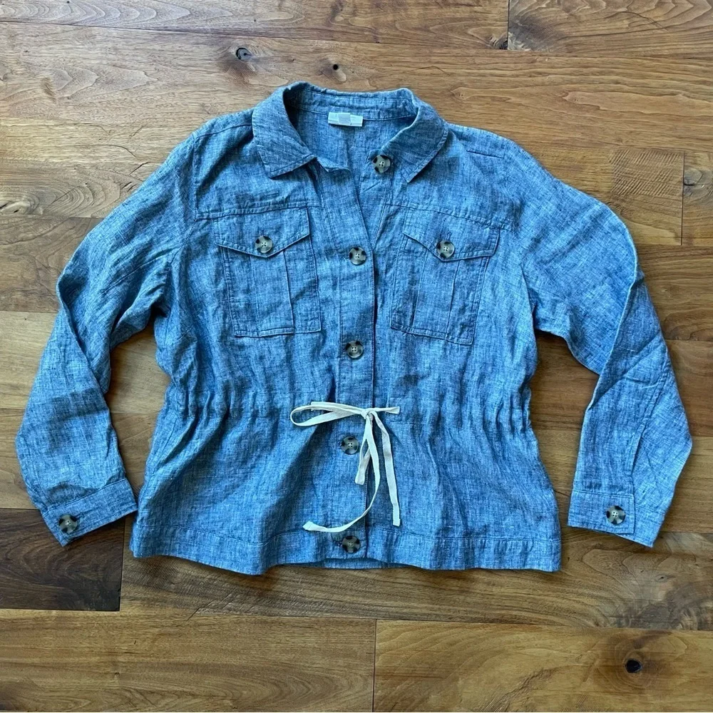 J. Jill Love Linen Casual Blue Tie Waist 100% Linen Utility Chore Jacket - Picture 7 of 15
